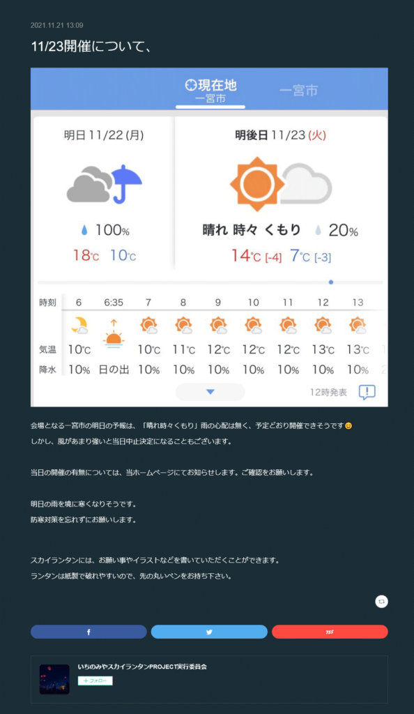 いちのみやスカイランタンPROJECT実行委員会の天気予報