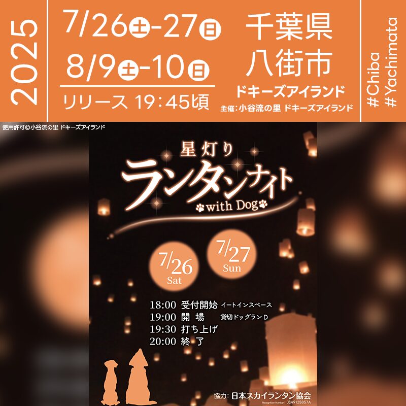 日本スカイランタン協会®です！😊 2025年7月26日（土）-27日（日）、8月9日（土）-10日（日）千葉県八街市のドキーズアイランドにて『星灯りランタンナイトwith Dog』（主催：ドキーズアイランド）が開催されます🎊 日が暮れたあとの涼やかな夜風とともに、愛犬と共に願いを込めたスカイランタンが宙を舞います🌌✨ ⚠イベント参加には別途日帰り利用料金が必要となります。 ランタンにはLEDライトを使用しており、安全性も万全。受付後、ランタンに願いを書いていただき、19:45には開放感あふれるドッグランで一斉に夜空へ浮かびます🐶🕊 幻想的なランタンの灯りとわんちゃんのシルエットが織りなす光景は、きっと心に残るひとときになります。 愛犬とともに過ごす特別な夏の夜🐾 大切な人と、かけがえのない一瞬をキラキラと彩るスカイランタンで、美しい思い出を作りましょう🎇✨🐶 ［詳細・お問い合わせ先］ ドキーズアイランド ☎043-312-1110 https://doggys-island.jp/