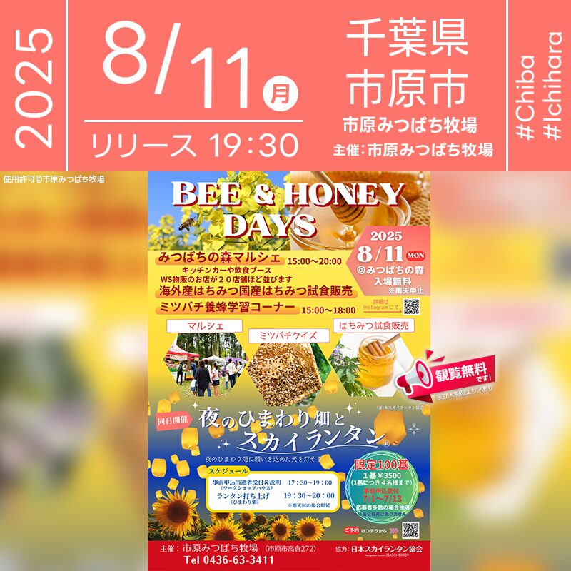 日本スカイランタン協会®です！😊 2025年8月2日(土)3日(日)9日(土)10日(日)11日(月･祝) 千葉県市原市の市原みつばち牧場にて「BEE&HONEY DAYS」（主催：市原みつばち牧場）が開催されます🎊 最終日の11日（月･祝）夜には、ひまわり畑の上空を幻想的に彩るスカイランタン100基の打上げが行われます❗ ミツバチやはちみつの魅力を五感で体感できる特別イベント。 養蜂に関する展示、はちみつテイスティング、ひまわり摘み体験、フォトスポットなど、ご家族で楽しめるコンテンツが盛りだくさん！ 8月11日には「みつばちの森マルシェ」も開催され、約10店舗のキッチンカーや飲食ブースで絶品フード＆スイーツが味わえます。 夜空に浮かぶランタンと咲き誇るひまわり畑が織りなす光のファンタジー🌻✨大切な人と一緒に過ごす特別な夜をお楽しみください。 心に残る夏の思い出を作りましょう💛🎇 ［詳細・お問い合わせ先］ 市原みつばち牧場 ☎0436-63-3411 🌟🌟🌟🌟🌟🌟🌟🌟🌟🌟🌟 ［当日のスケジュール］ 2025年8月11日（月･祝） 15:00-20:00 みつばちの森マルシェ 17:30 スカイランタン当選者受付＆説明 19:30 スカイランタンリリース（ひまわり畑） 19:50 スカイランタン終了 日本スカイランタン協会®は今回のスカイランタン打上げに協力しています🌙