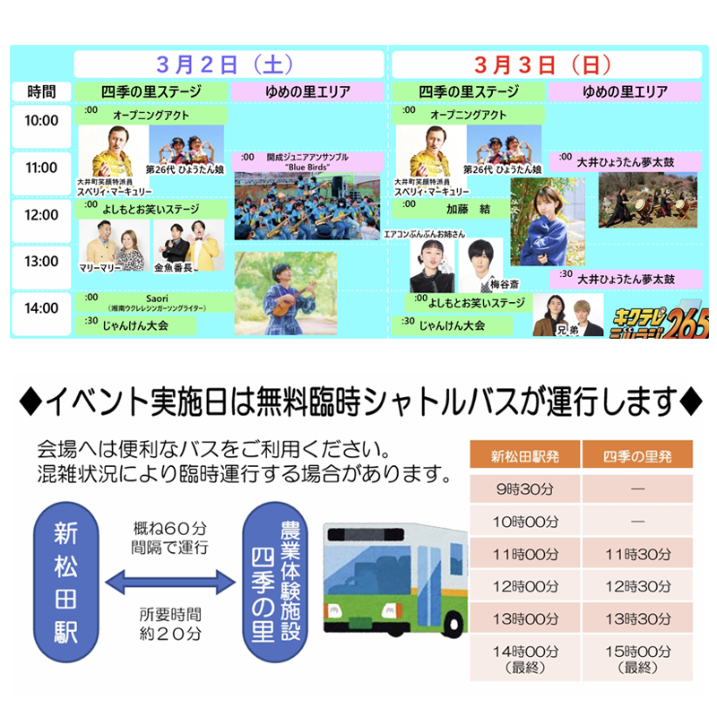 3/3(日) 10:00 スベリイ・マーキュリー 第26代ひょうたん娘 10:15 ピザ作り体験1回目 10:30 竹筒バームクーヘン作り 午前の部 11:00 大井ひょうたん夢太鼓 11:30 ピザ作り体験2回目 12:45 ピザ作り体験3回目 13:00 竹筒バームクーヘン作り 午後の部 13:30 大井ひょうたん夢太鼓 14:00 よしもとお笑いステージ エアコンぶんぶんお姉さん 梅谷斎 兄弟 14:30 じゃんけん大会 18:30 スカイランタン®打ち上げ